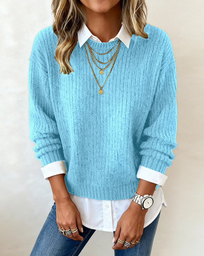 Emma | Damen Pullover modern mit Kragen & Patchwork-Design