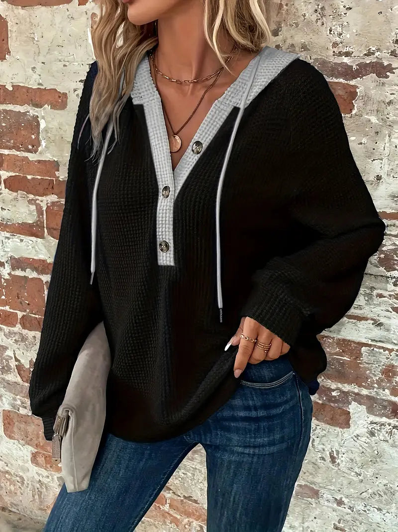 Saskia | Bequemer Langarm-Hoodie mit Knopfleiste & Zugband