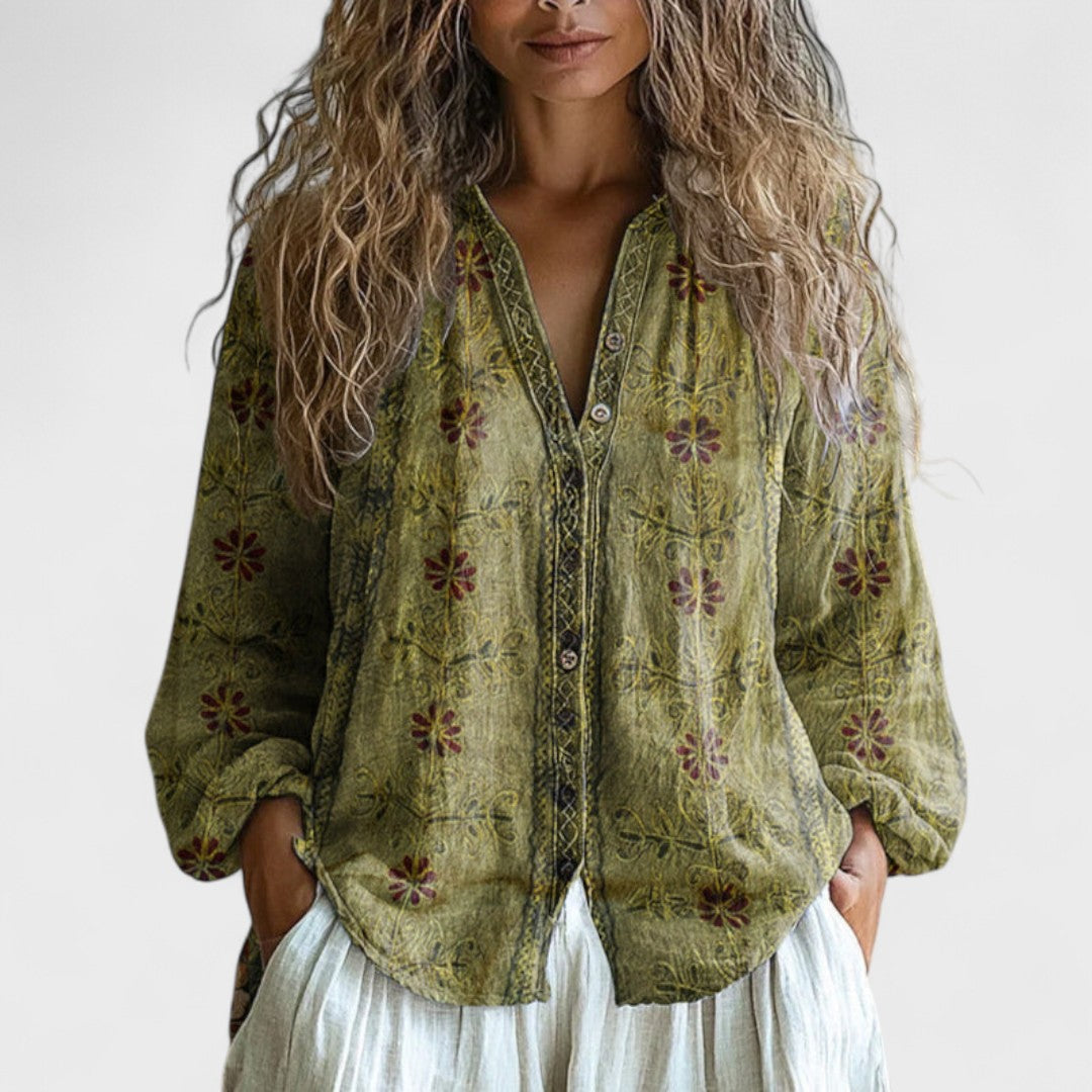 Hannah | Retro Blattprint Bluse Für Damen Modern