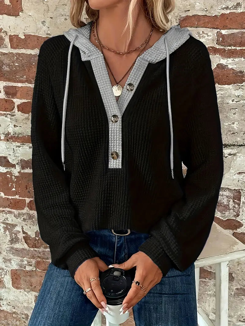 Saskia | Bequemer Langarm-Hoodie mit Knopfleiste & Zugband