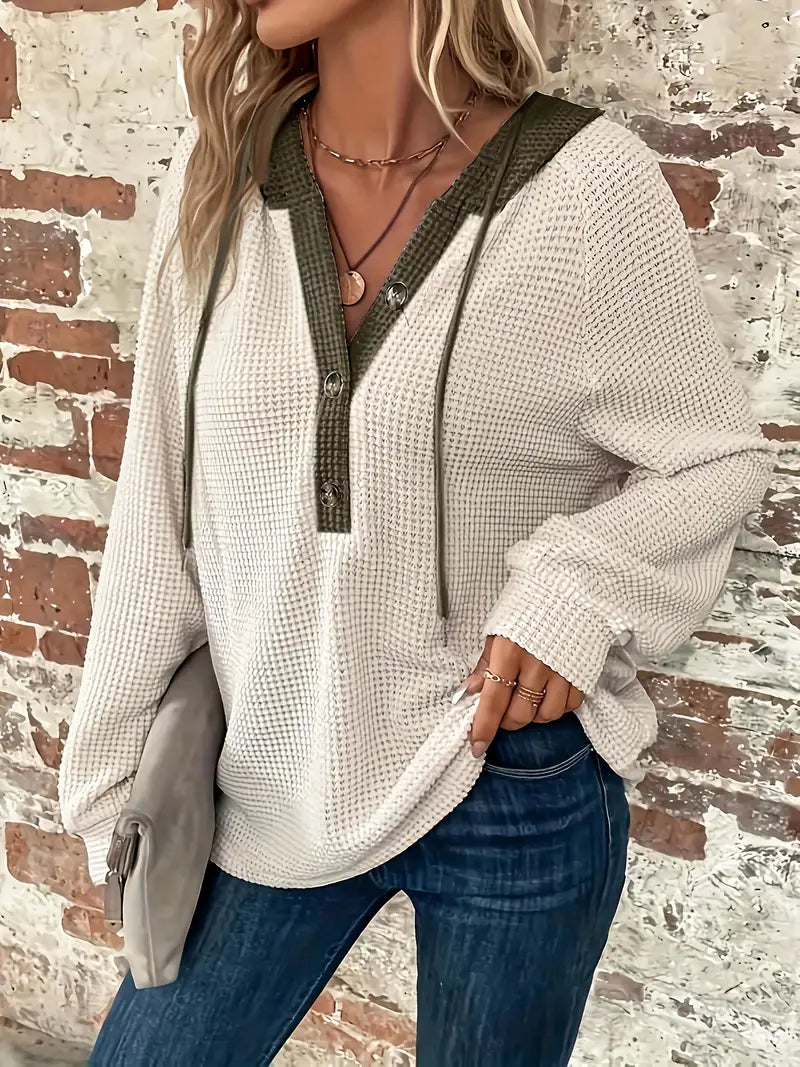 Saskia | Bequemer Langarm-Hoodie mit Knopfleiste & Zugband