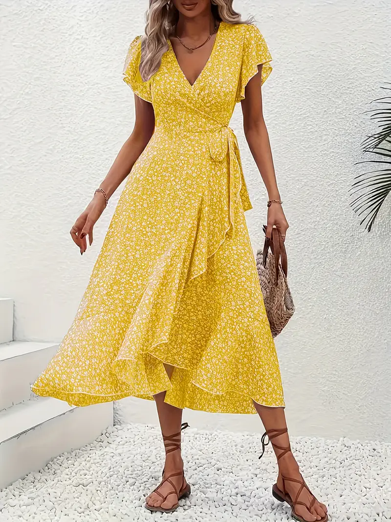 Hannah | V-Ausschnitt Wickel Kleid Rüschen