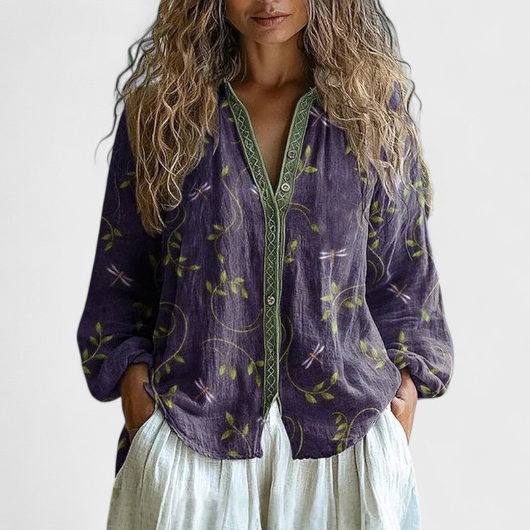 Hannah | Retro Blattprint Bluse Für Damen Modern
