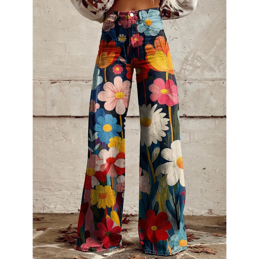 Anna | Stylische Flower Power Hose für Damen mit weitem Bein