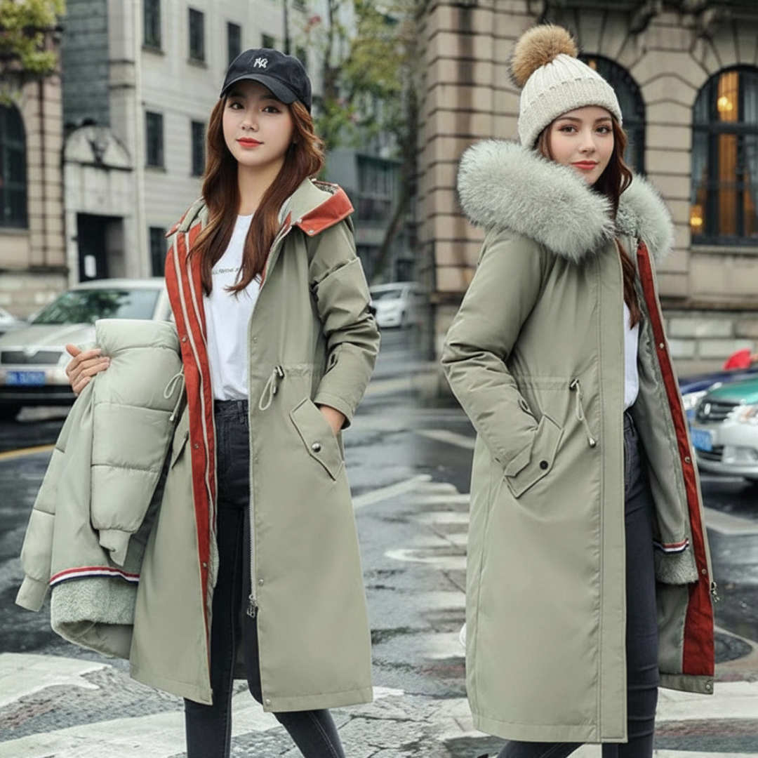 Nora | Trendige Damenjacke mit warmer Kapuze und Pelz