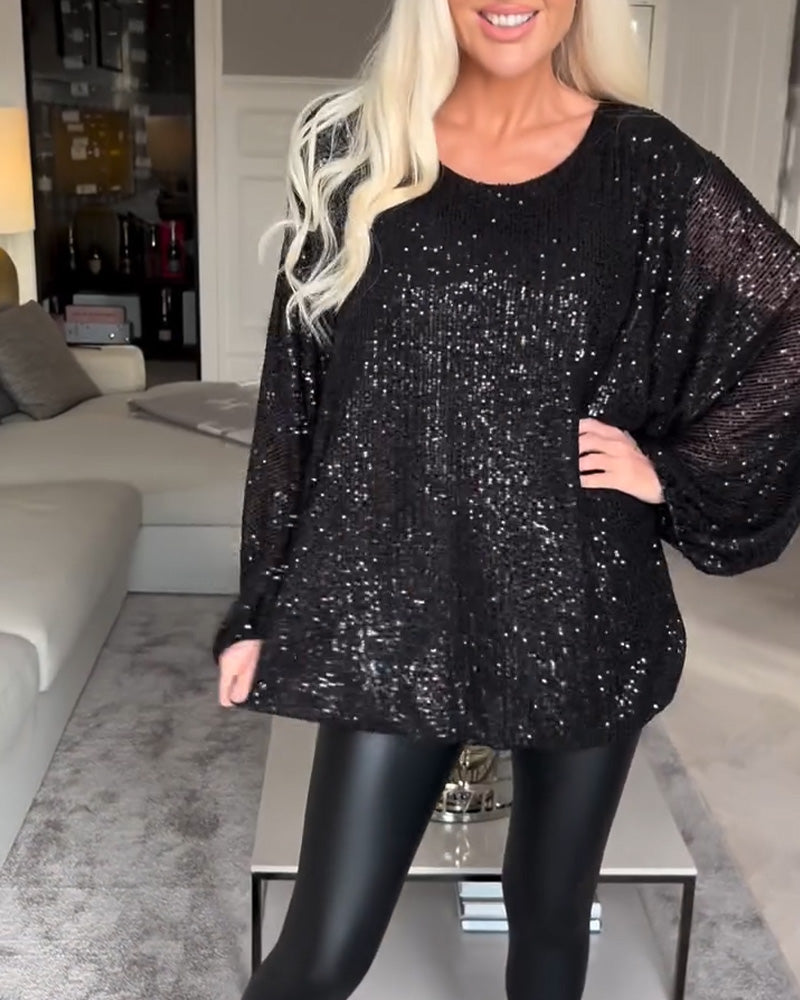 Mia | Elegantes Damen Top Rundhals mit Pailletten modern