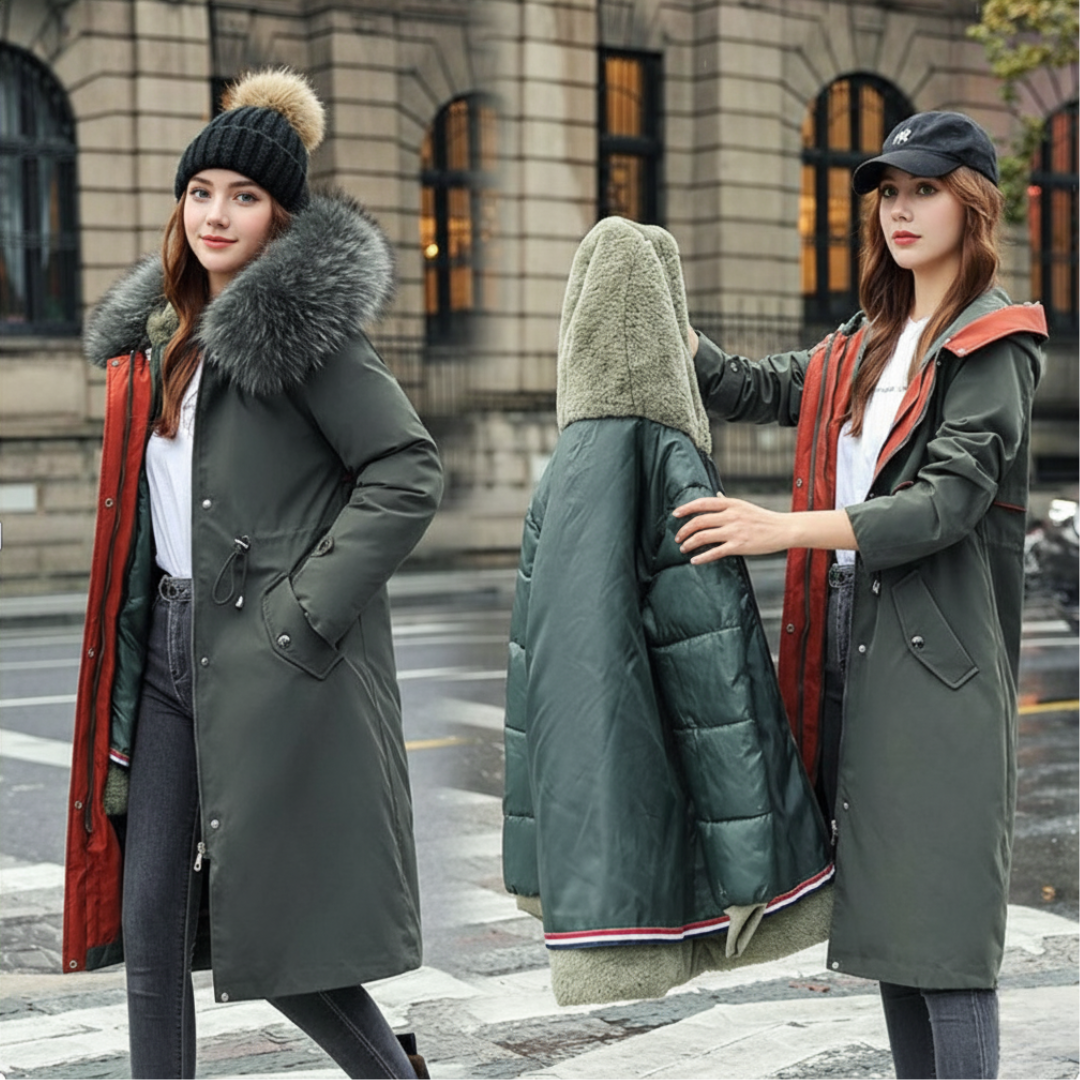 Nora | Trendige Damenjacke mit warmer Kapuze und Pelz