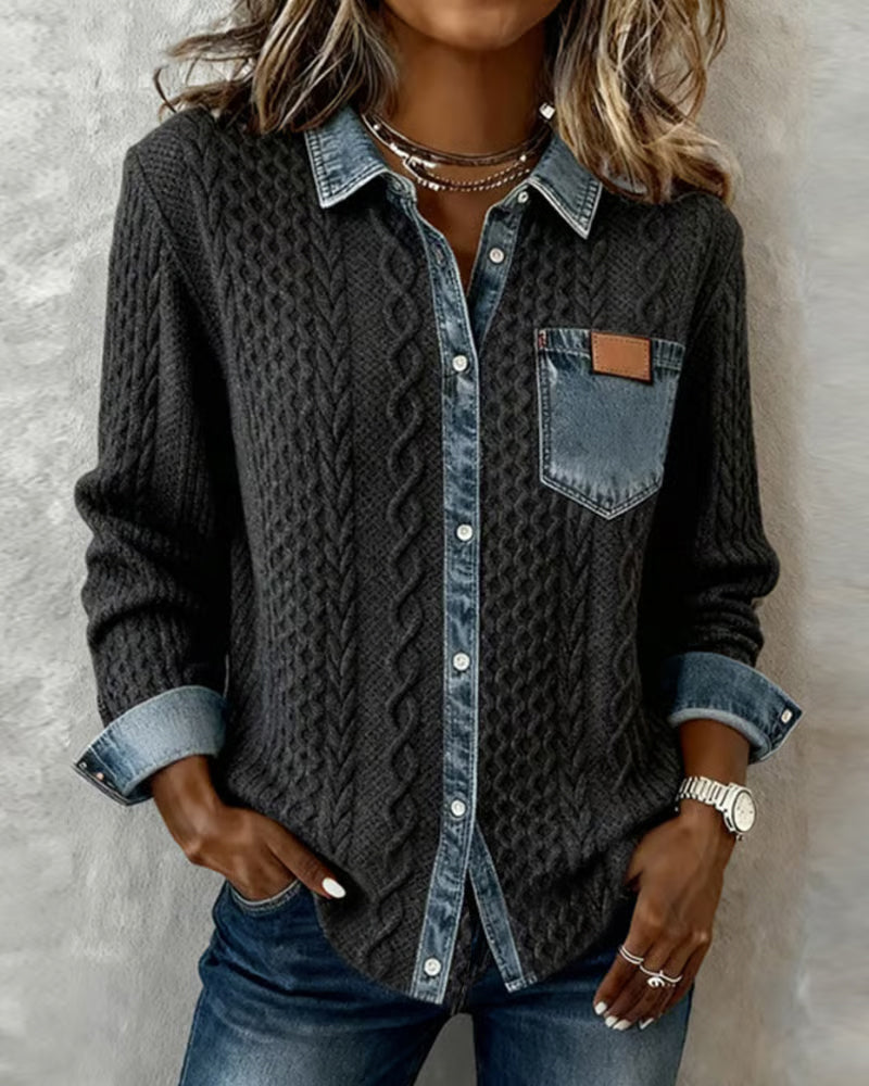 Sophie | Chic gestricktes Shirt Damen mit Denim-Details