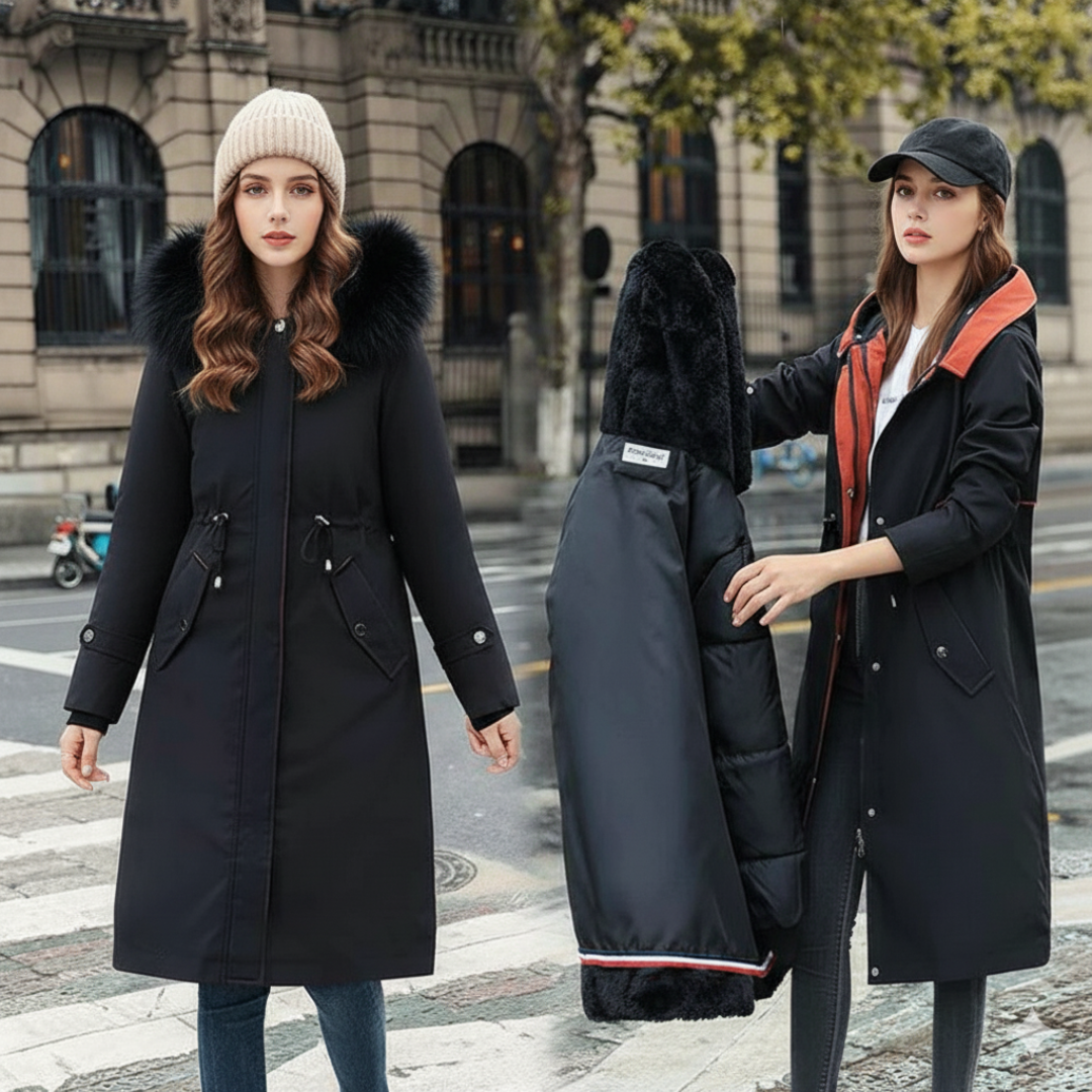 Nora | Trendige Damenjacke mit warmer Kapuze und Pelz