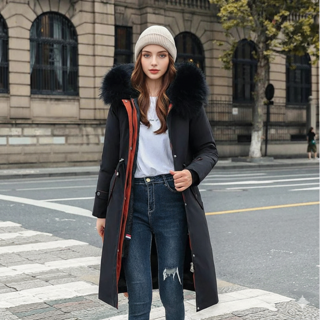 Nora | Trendige Damenjacke mit warmer Kapuze und Pelz