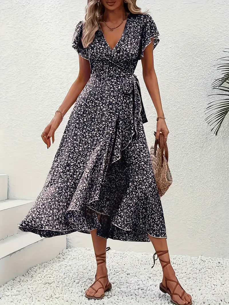 Hannah | V-Ausschnitt Wickel Kleid Rüschen