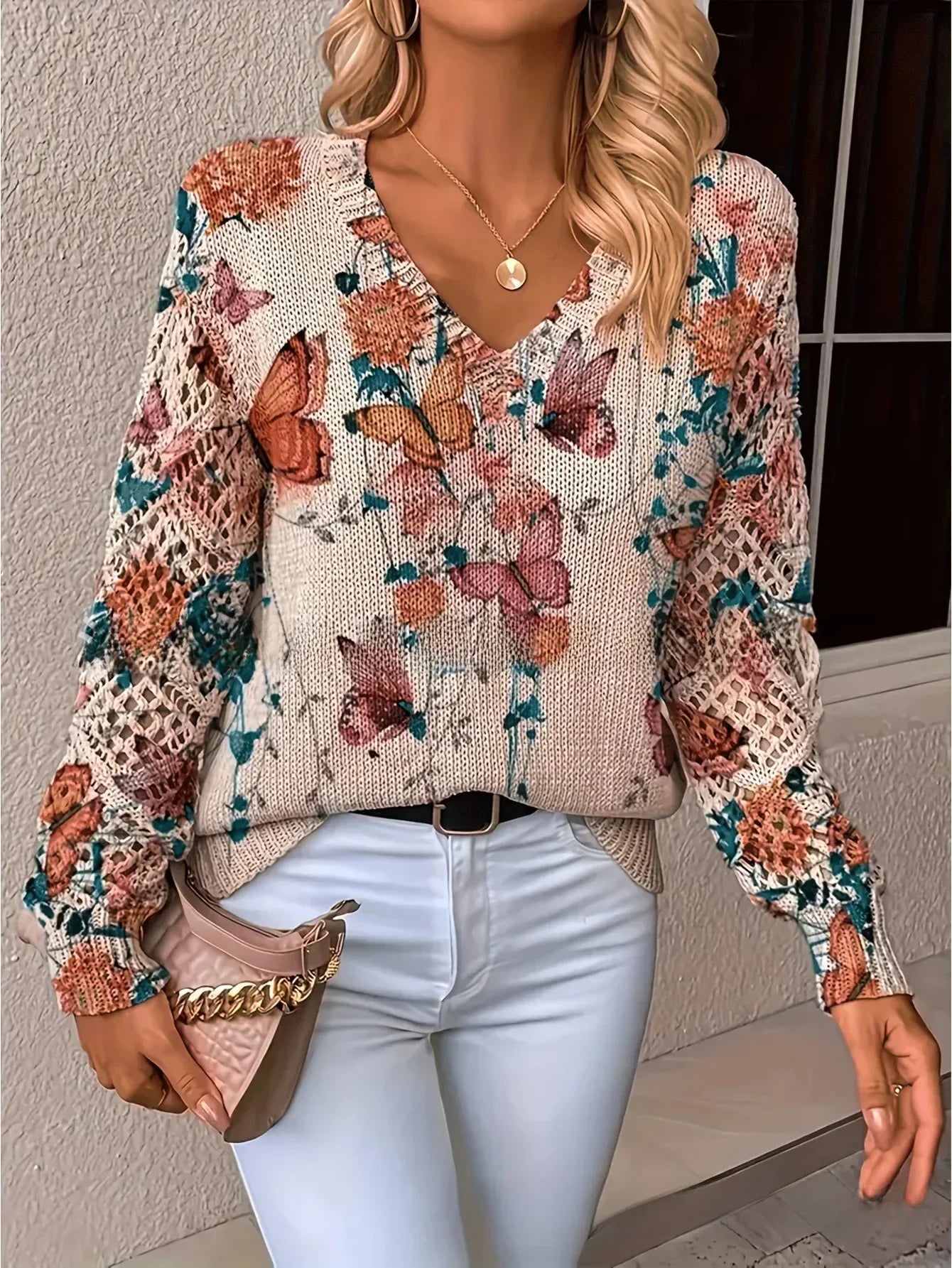 Moritz | Modischer Strickpullover mit zartem Blumenmotiv
