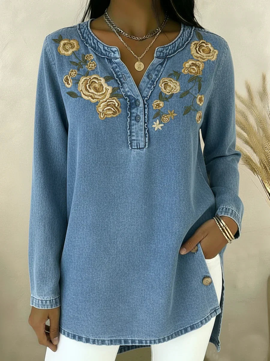 Leona | Hochwertiges Denim-Hemd mit Blumenmuster