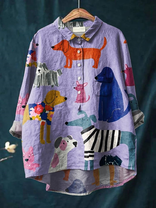 Marie | Modisches Damen Shirt mit Hund Kunstdruck aus Leinen